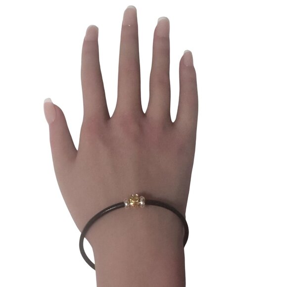 18K Gold Money Bag Leather Cord Bracelet 925 Sterling Silver Clasp Stopper Beads - Picture 4 of 7